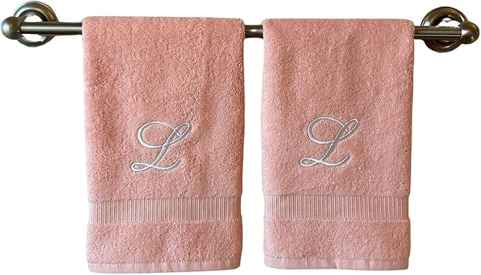 Pink Monogrammed Hand Towels for Bathroom - Luxury Hotel Quality Personalized Initial Embroidered Towel for Powder Room, Spa - GOTS Organic Certified - Set of 2 White Letter L