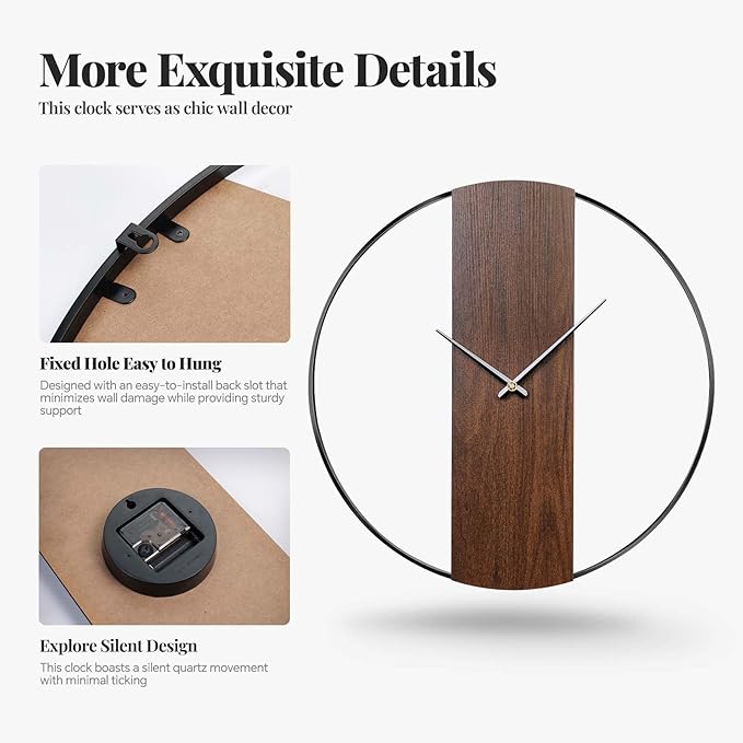 Cuspin Wall Clocks for Living Room Decor, Modern Minimalist Wall Clock Decorative 16 Inch Silent Non Ticking Battery Operated Clock with Walnut Dial for Bedroom, Kitchen, Farmhouse, Office