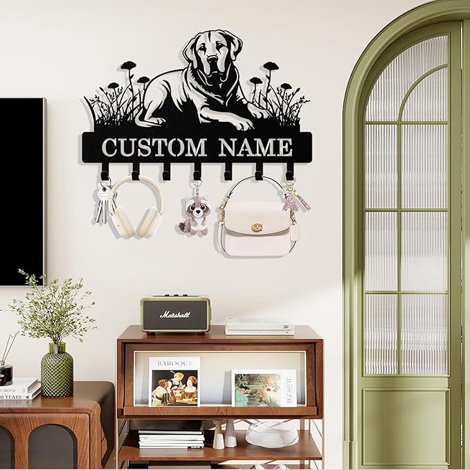 Personalized Key Holder Wall Mount, Custom Dog Metal Keys Holder for Wall with Name, Wall Key Hanger Rack with Hooks for Entryway, Front Door, Living Room, Kitchen, Bathroom, Garden