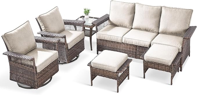 6 Pieces Wicker Patio Furniture Set - Hollow Widen Armrests Outdoor Swivel Glider Chairs and 3 Seat Sofa with Coffee Table & Ottomans for Balcony Porch Deck and Yard - Brown/Beige