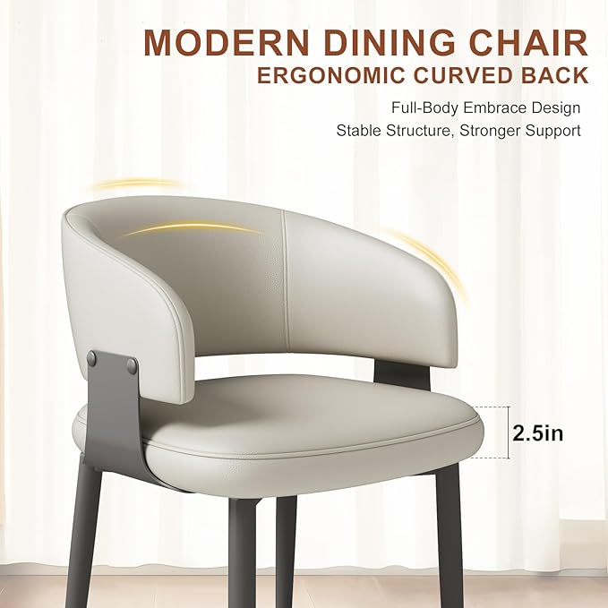 Modern Dining Chairs Set of 2, Faux Leather Upholstered Kitchen Chairs with Curved Back and Metal Legs, Mid Century Chairs for Dining Room, Kitchen, or Café (Light Gray)