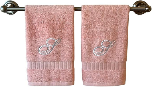 Pink Monogrammed Hand Towels for Bathroom - Luxury Hotel Quality Personalized Initial Embroidered Towel for Powder Room, Spa - GOTS Organic Certified - Set of 2 White Letter S