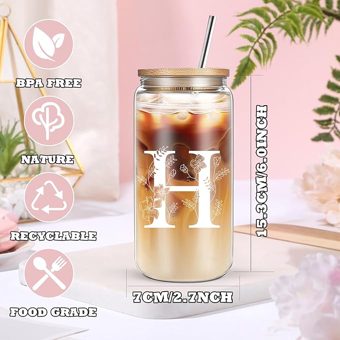 Unique Initial Glass Cup with Lids and Straws, Monogrammed Gifts Box Included Makeup Bag, Christmas Birthday Gifts for Women Mom Sister Grandma, H