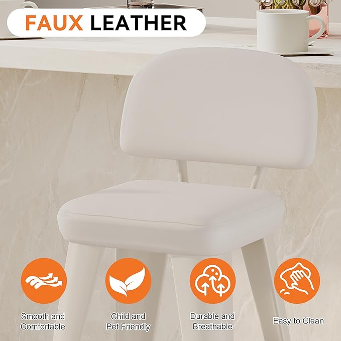 Aklaus PU Leather Metal Bar Stools 30 inch Faux Leather Bar Height Barstools Set of 2 Modern Farmhouse Bar Chairs with High Backs and Faux Leather Seat for Kitchen Island Dining Room Off White