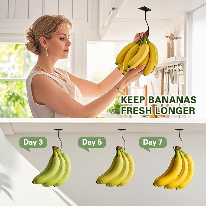 Banana Hanger Hook – Space Saving Banana Holder Hanger to Keep Bananas Fresh, Self Adhesive and Screw Banana Hook 2Pack Black