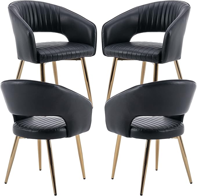 Modern Dining Chairs Set of 4, Upholstered PU Leather Gold Dining Room Chairs with Hollow Back, Accent Armrest Kitchen Chairs with Gold Legs for Living Room Black