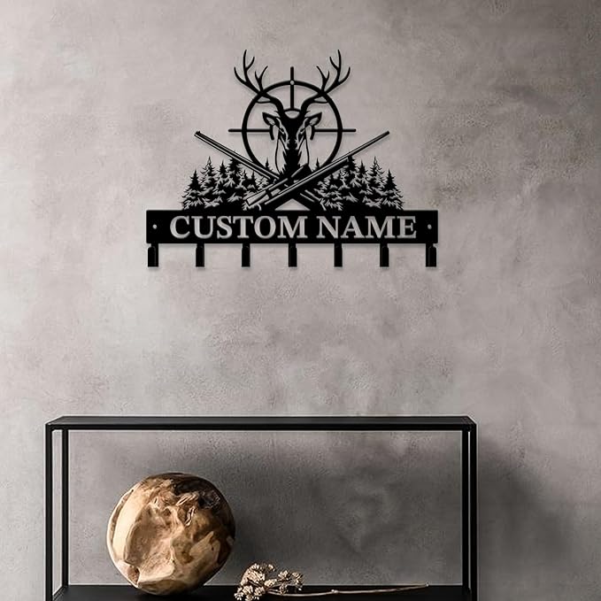 Personalized Custom Name Hunting Deer Wall Key Hooks,Metal Hunting Art Clothes Hooks,Metal Hunting Wall Home Storage Decorative,Hunter For Front Door, Hallway, Kitchen, Bedroom,Keys,Hats (Style H)