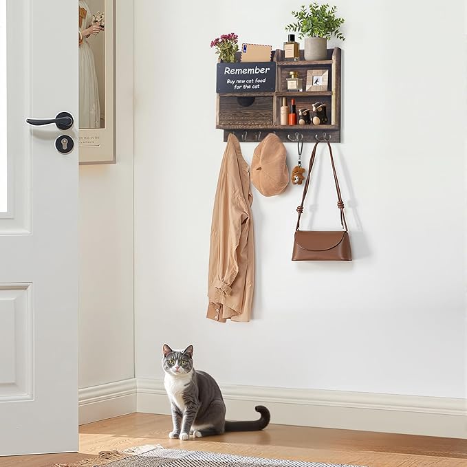 Key Holder Wall Mount, 14.5x11.2x3.5'' Larger 3-Tier Shelf 8 Hooks Drawer Storage,Wooden Key and Mail Holder for Wall,Farmhouse,Home,Living Room,House,Office Decor,Hats,Bag,Dog Leash Hanger Organizer