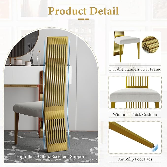 White and Gold Dining Chairs Set of 2, Upholstered High Back Dining Chairs with Brushed Stainless Steel Backrest and Legs, Modern Luxury Dining Room Chairs for Kitchen Living Room Restaurant