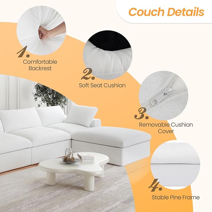 JACH U-Shaped Cloud Couches for Living Room, 6-Seats Modular Convertible Sectional Sofas, Cushion Covers Removable, Comfy Sectional Couch with Chaise Ottomans for Living Room Apartment (White)