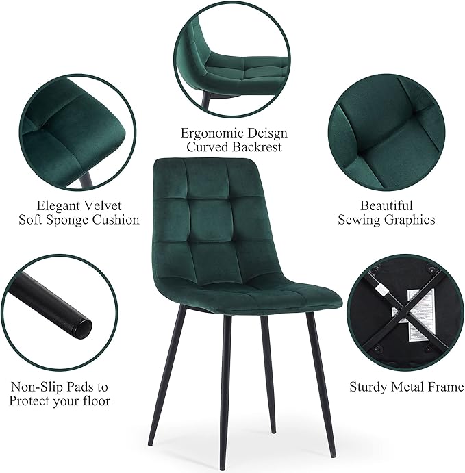 NORDICANA Forest Green Velvet Dinner Chairs Set of 4, Modern Armless Biscuit Tufted Dining Side Chairs with Metal Legs for Kitchen Living Room Vanity