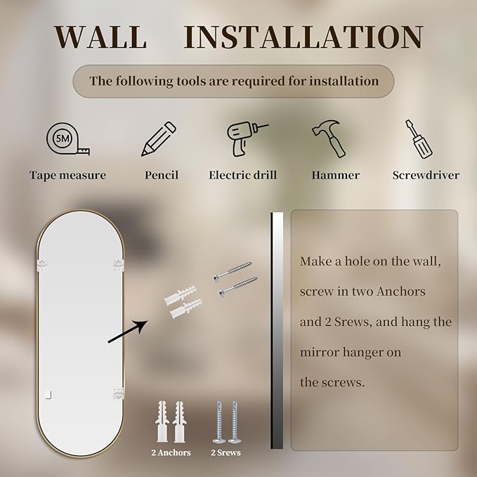 Oval Full Length Mirror, 65"×22" Wall-Mounted Floor Mirror with Metal Frame, Ultra-Clear Explosion-Proof Dressing Mirror, Simple and Classic Deco for Cloakroom/Bedroom/Living Room, Gold