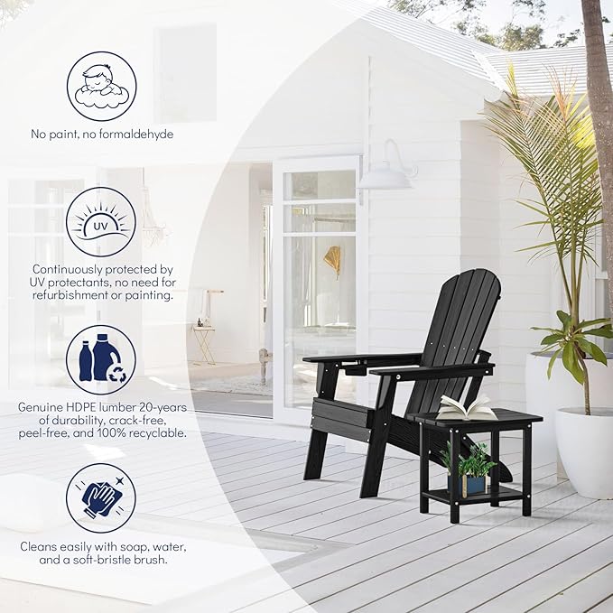 Plawdlik Folding Adirondack Chair, SGS Tested, Wooden Textured with Cup Holder, Heavy All-Weather HDPE Comfortable Set Poolside Backyard Lawn Black
