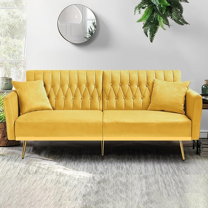 70” Velvet Futon Sofa Bed w/Adjustable Armrests & 2 Pillows, Convertible Futon Couch w/Adjustable Backrests, Modern Sleeper Bed for Living Room, Bedroom, Yellow