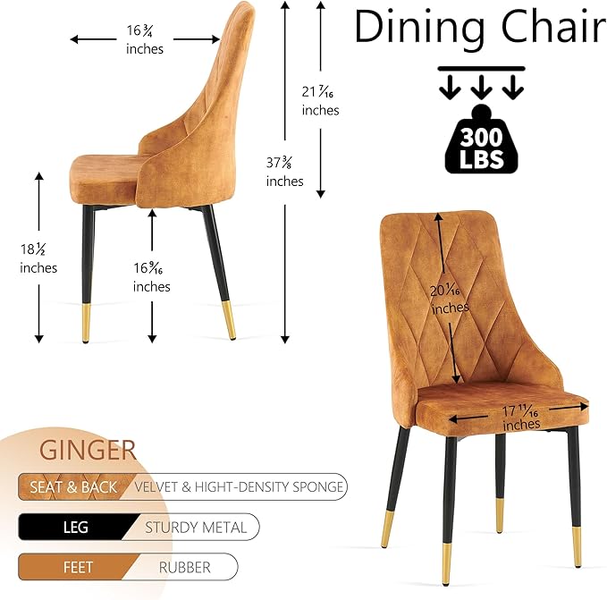 NORDICANA Upholstered Velvet Dining Chair Set of 2, Mustard Armless Side Chair with Metal Legs for Home Kitchen