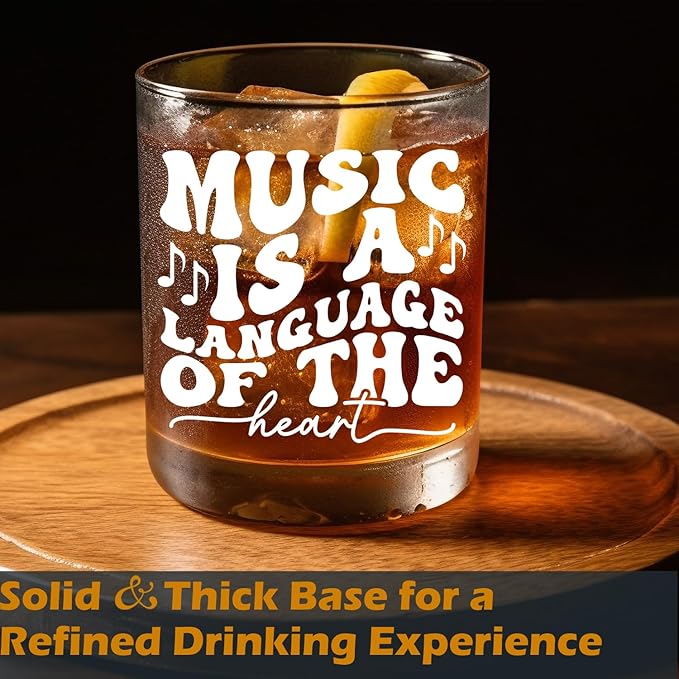 Musical Lovers Gifts Old Fashioned Whiskey Glasses, Music Gifts for Women Men, Music Is a Language Of The Heart 10 oz Rocks Barware Cup for Cocktail Drinks Scotch Bourbon Liquor