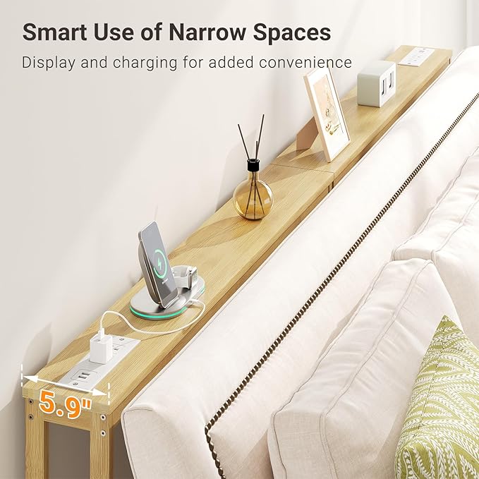 ELYKEN 2 Pack 5.9" Narrow Console Sofa Table with Power Outlets, 5.9" Dx39.4 Wx31.1 H Bamboo Behind Couch Table with Charge Station, Natrual