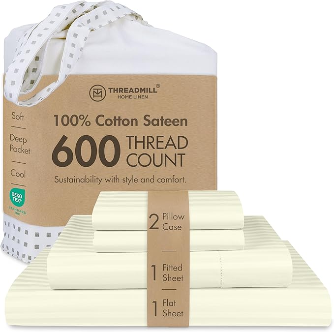 Threadmill 100% Cotton Sheets for King Size Bed - 600 Thread Count King Bed Sheets Set with 16” Deep Pocket - Damask Stripe Sateen Weave 4-Piece Bedding Set with Cooling Effect, Ivory