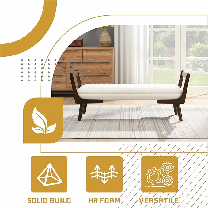 52“ Upholstered Bench for End of Bed, Mid-Century Modern Bedroom Ottoman with Soft Chenille Fabric & Walnut Wood Legs, for Living Room, Entryway (Beige)