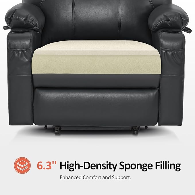MCombo Extra Wide Power Lift Recliner Chair for Elderly, Lift Chair with Heat and Massage for Big People, USB&Type C Ports, Cup Holders, Faux Leather R7045 (Black, Medium-Wide)