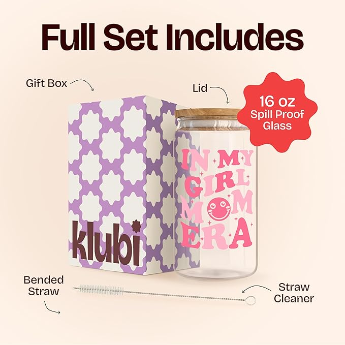 KLUBI New Girl Mom Gifts - In My Girl Mom Era Cup Glass 16oz Birthday, Christmas, Expecting Soon To Be Mum Mama Baby Shower Gifts, Pregnancy, Mothers Day