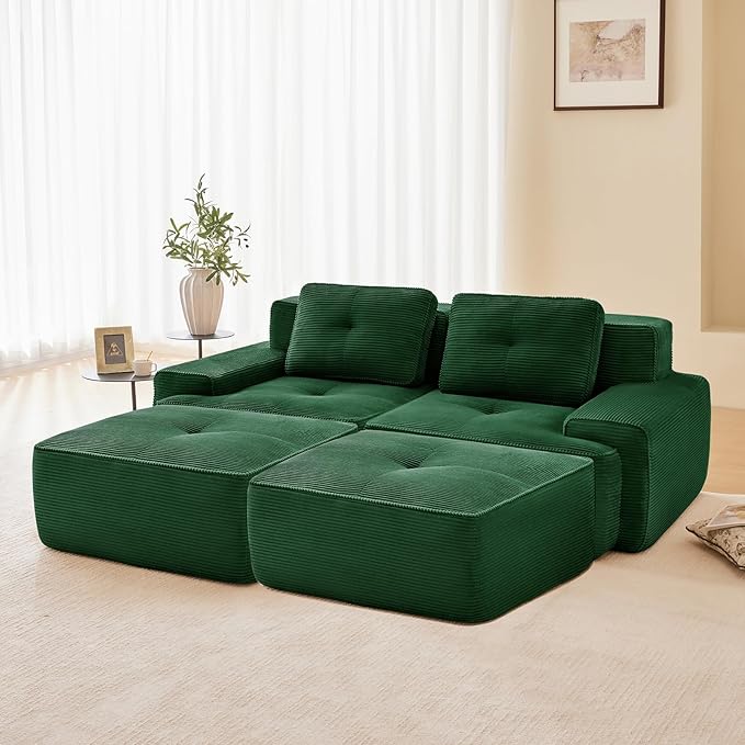 80" Modern Compressed Boneless Love Seat Couches with 2 Ottomans, 2 Seater Large Sectional Couches for Living Room, Green Corduroy Cloud Modular Sectional Sofa, Memory Foam, Deep Loveseat, No Assembly