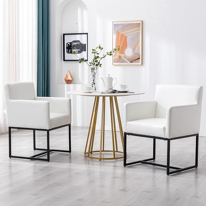 Set of 2 Upholstered Dining Chairs with Armrest, PU Leather Modern Accent Armchairs, Kitchen & Dining Room Chairs Side Chairs, White