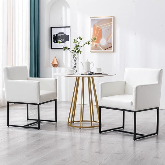 Set of 2 Upholstered Dining Chairs with Armrest, PU Leather Modern Accent Armchairs, Kitchen & Dining Room Chairs Side Chairs, White