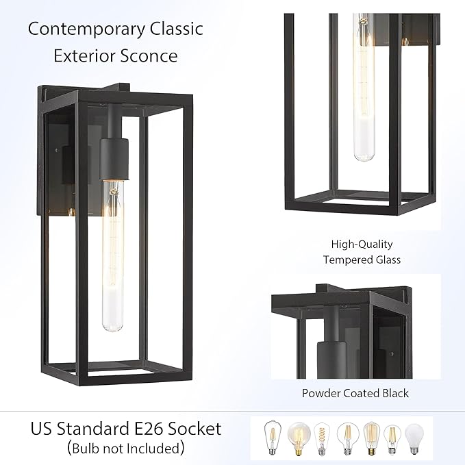 Bestshared Outdoor Wall Sconce Lights,Exterior Wall Lighting Fixtures with Clear Glass, Anti-Rust Modern Black Outside Lantern Lamp for House Front Porch Doorway Patio (Black, 15"-2 Pack)
