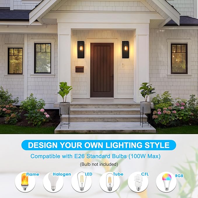 VerRon 2-Pack Outdoor Wall Lanterns, 16” Exterior Waterproof Outdoor Lights with Glass Shades, Black Porch Lights Wall Mounted, Anti-Rust E26 Modern Lighting for Patio Garage Entryway Front Door