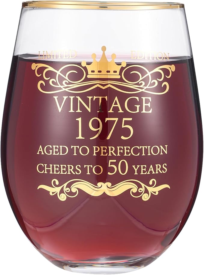 1975 50th Birthday Gifts for Women Men 15oz Wine Tumbler Red Wine Glass Cup 50 Years Old Birthday Present 50th Anniversary Present