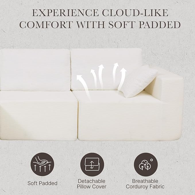 108” Modular Sectional Sofa Couch with Ottoman, 3-Seater Boneless Couch, L Shape Sectional Sofa Compressed Sofa for Living Room Bedroom, No Assembly Needed (White, 3 Seats+1 Ottoman)