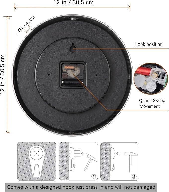 Silent Wall Clock Decorative,Analog Stainless Steel Wall Clock Battery Operated,12 inch