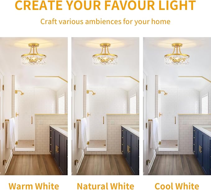 11.81" Modern Gold Semi Flush Mount Ceiling Light, Hammered Glass Hallway Light Fixtures, Entryway Light Fixture, 3-Light Lighting Fixtures for Kitchen Island Dining Room Bedroom Laundry, UL Listed