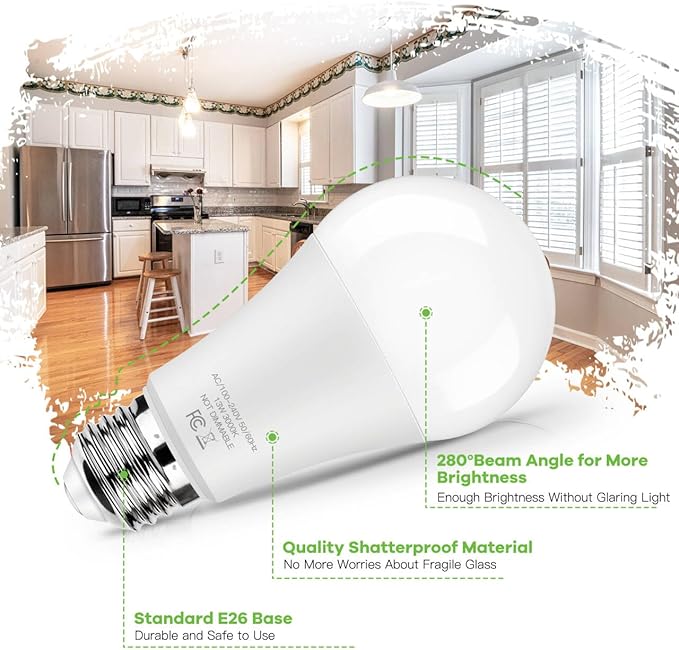 LED Light Bulbs 100W Equivalent 1500 Lumens, A19 13W 3000K Soft White Non-Dimmable, Super Bright No Flicker Standard E26 Edison Screw Bulbs for Home, Bedroom, Office Lamp, 12-Pack