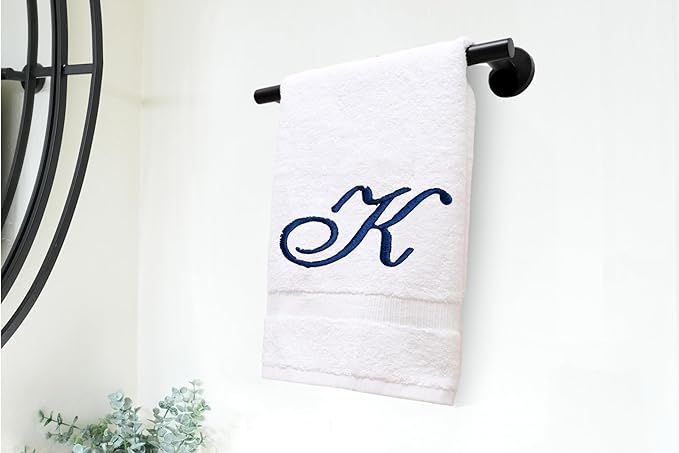 White Monogrammed Hand Towels for Bathroom - Luxury Hotel Quality Personalized Initial Embroidered Towel for Powder Room, Spa - GOTS Organic Certified - Set of 2 Navy Letter K