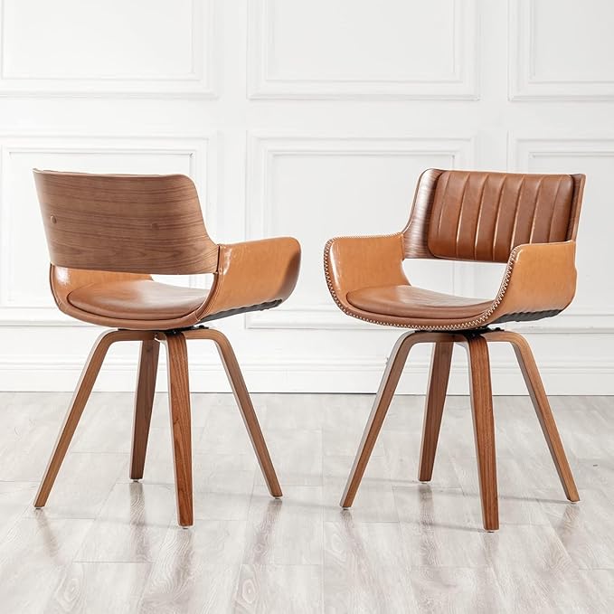 LUNLING Swivel Accent Faux Leather Dining Chairs Set of 2 Mid Century Modern Chairs with Wooden Legs/Armrest/Upholstered Seat/Adjustable Foots for Kitchen Dining Room Desk Chairs(Brown)