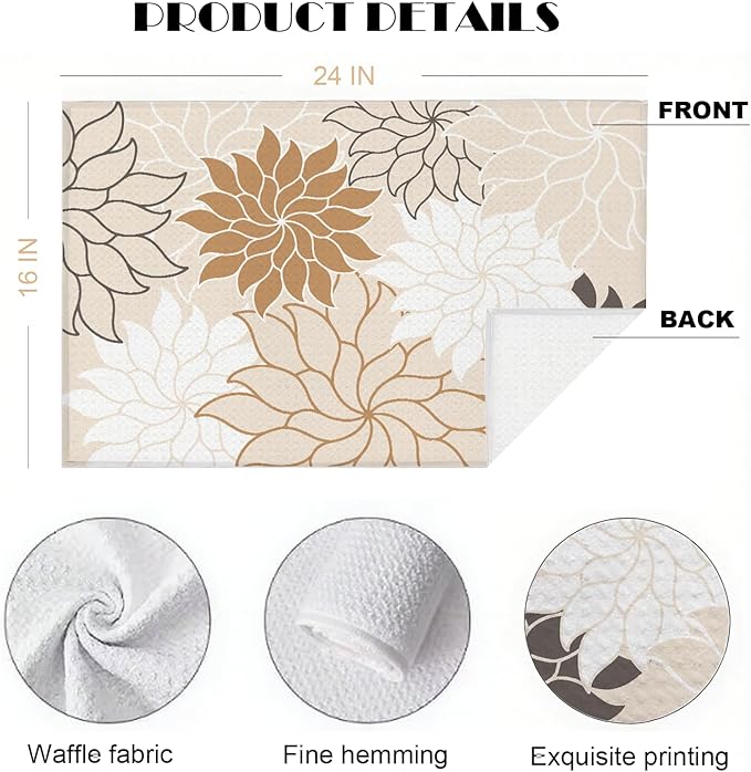 2-Pack Boho Floral Abstract Waffle Towels, Flower Hand Towel for Bathroom Decor, 16x24 Inch Neutral Brown & Orange Color Flower Dish Tea Towel Decor for Kitchen/Bath/SPA,Gift for Friends.