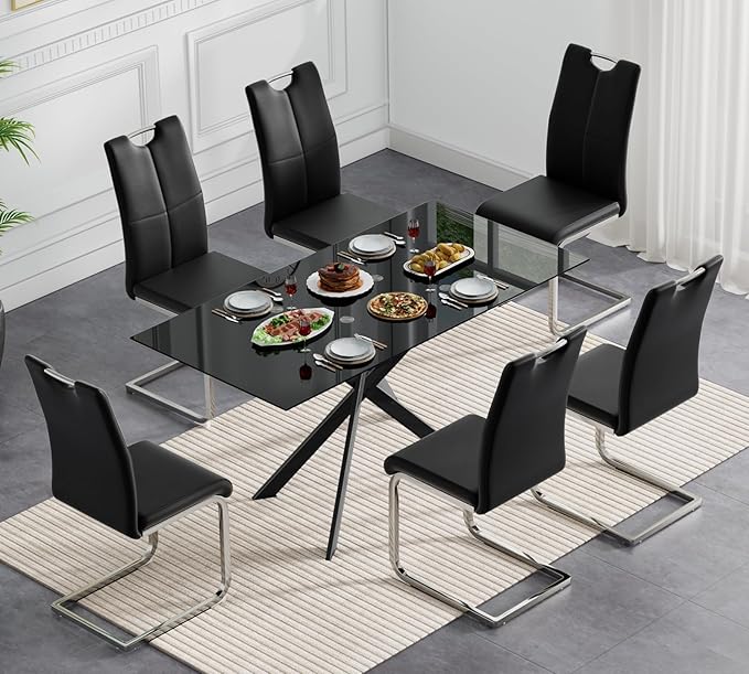 Goujxcy Modern Black Glass Dining Table Set for 6, Glass Kitchen Table and Chairs Set of 6, 7 Piece Dining Table Set with 51" Rectangle Dinner Tables and 6 PU Leather Dining Chairs