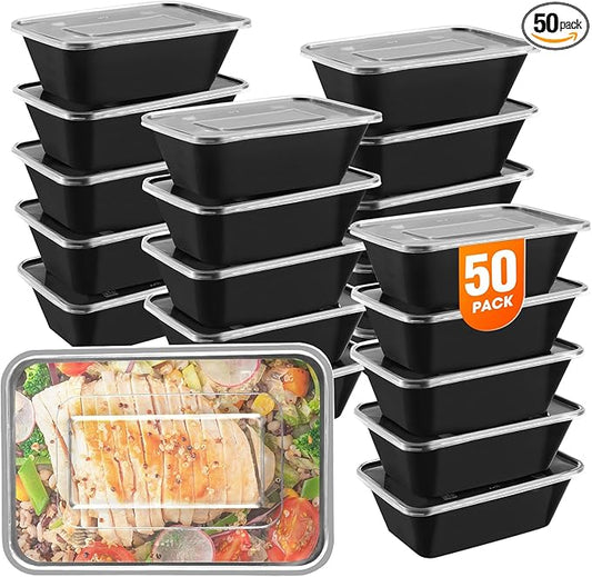 50 pack (100 pieces) 25oz meal prep containers, reusable, easy to open with lid, food safe, suitable for microwave ovens, refrigerators and dishwashers, plastic food storage trays
