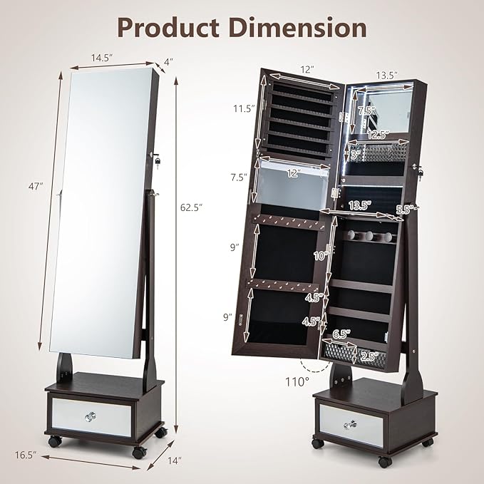 GOFLAME Standing Jewelry Cabinet Armoire with Wheels, Lockable Jewelry Storage Organizer with Full Length Mirror, 3-Color LED Lights, Interior Makeup Mirror, Jewelry Armoire for Bedroom (Brown)