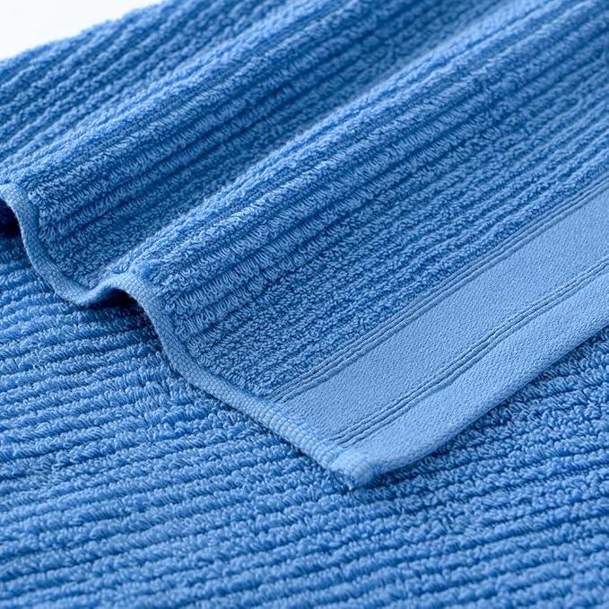 YiLUOMO 100% Cotton Blue Hand Towel Set of 2 Ribbed Striped Pattern Soft Absorbent Decorative Towel for Bathroom 13 x 29 Inch