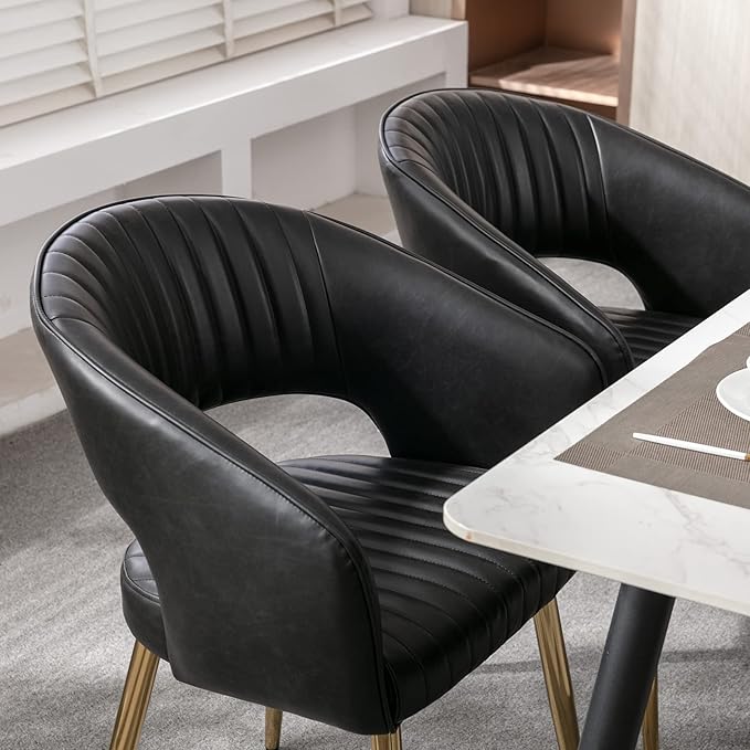 Modern Dining Chairs Set of 2, Upholstered PU Leather Gold Dining Room Chairs with Hollow Back, Accent Armrest Kitchen Chairs with Gold Legs for Living Room Black