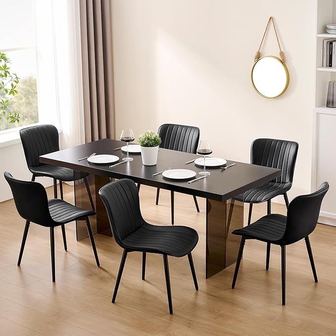 Modern Black Dining Chairs Set of 2, Heavy Duty Upholstered Side Chairs with Faux Leather, Comfortable Cushions & Durable Metal Legs with Adjustable Feet, Perfect for Kitchen, Dining Room