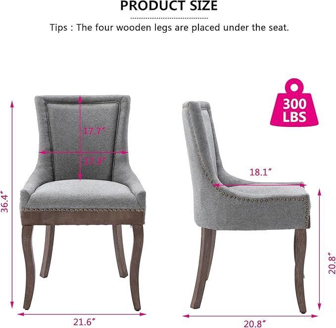 Farmhouse Dining Chairs Set of 6, Upholstered Fabric Dining Room Accent Chairs with Wood Legs & Bronze Nailhead, High Wingback Kitchen Chairs for Living Room Hotel Apartment, Gray
