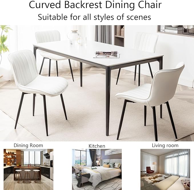 Leather Dining Chairs Set of 6, Upholstered Dining Room Chairs with Metal Legs, Modern Dining Chair for Dining Room, Kitchen (White)