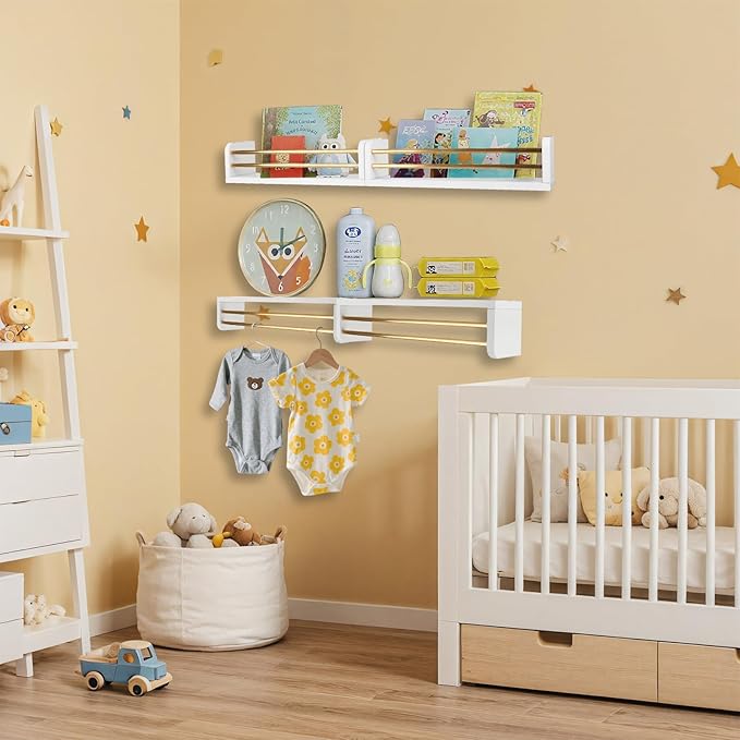 Nursery Wall Bookshelves 4-Pack, Floating Shelves for Kids Room Décor, Baby & Toddler Book Shelf Organizer, Solid Wood Wall-Mounted Rack for Books, Toys & Nursery Storage
