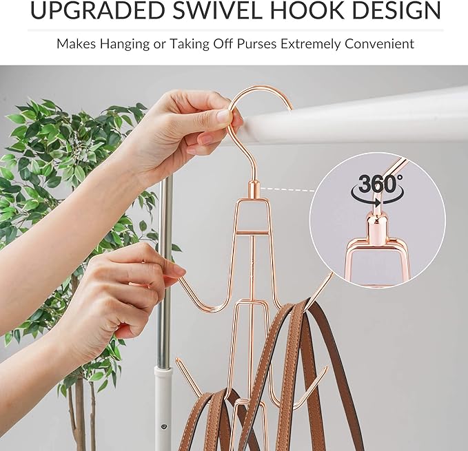 ZEDODIER Purse Hanger Organizer for Closet, 2 Pack Hanging Bag Holder, Keeping Purses Visible and in Good Condition, Metal Handbag Storage Hook Backpack Rack Space Saving Hanger, Rose Gold