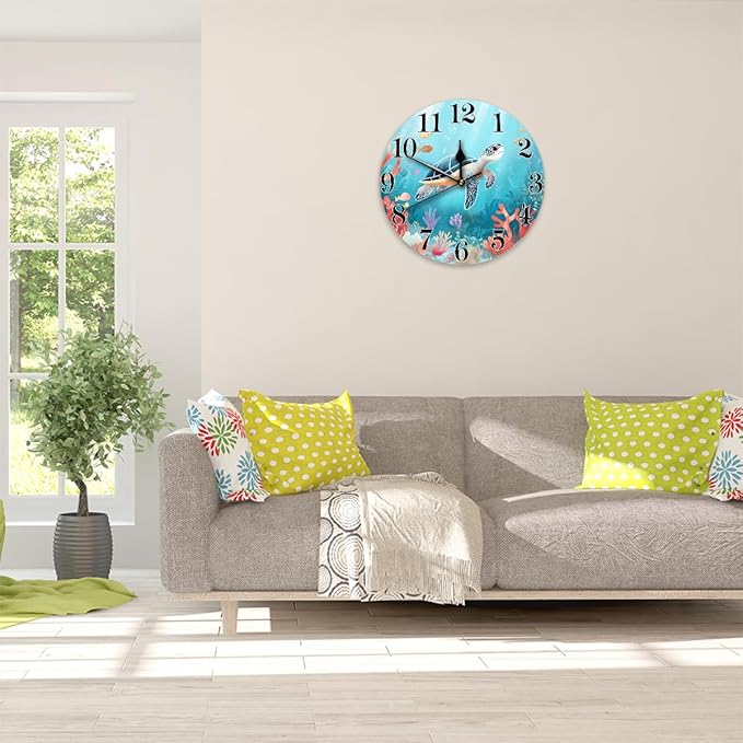 Cute Ocean Sea Turtle Wall Clock Battery Operated 10 in Round Wall Clocks Slilent Non Ticking Quartz Analog Clock for Bedroom Kids Living Room Classroom Decor
