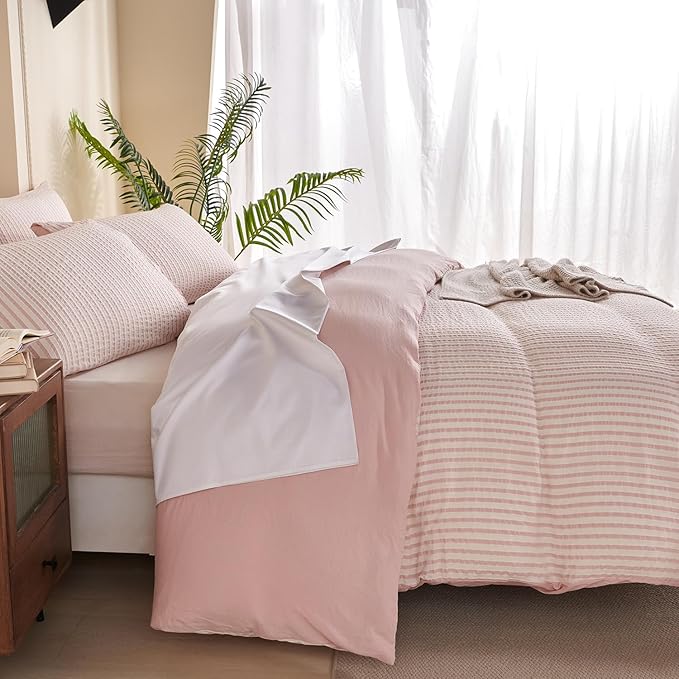 Pink Comforter King Size Set Striped 100% Soft Washed Microfiber Jacquard 3 Pieces Striped Bedding Sets Pink White Comforter for All Seasons and 2 Pillowcases Comfort Breathable